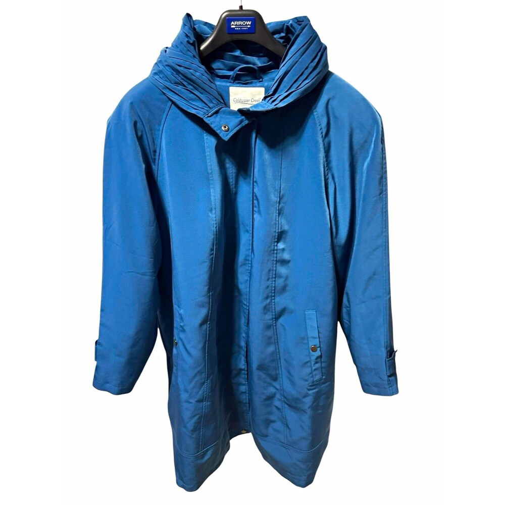 Coldwater Creek Women's 1X Blue Hooded Long Lined water Resistant Coat NWT